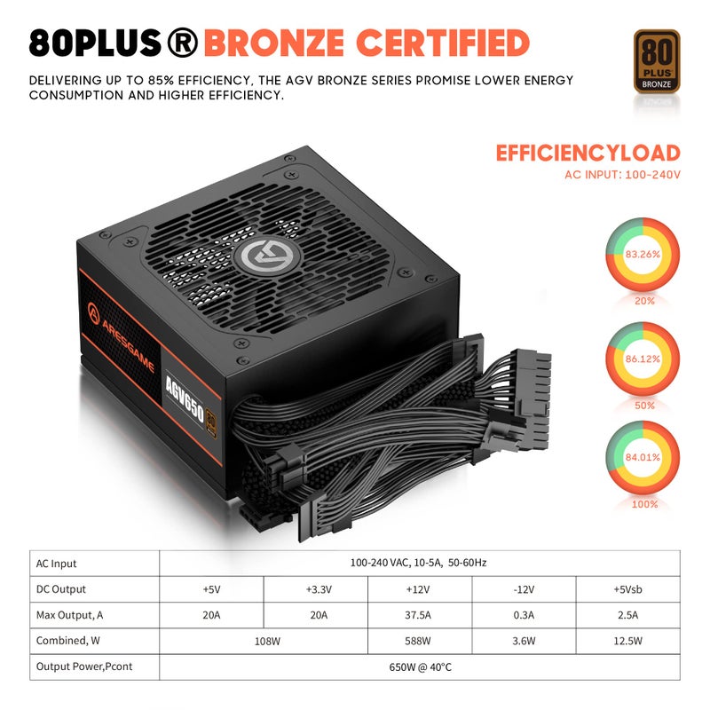 ARESGAME AGV Series 650W Power Supply, 80 Plus Bronze Certified, Non Modular Power Supply, 5 Year Warranty - Image 2