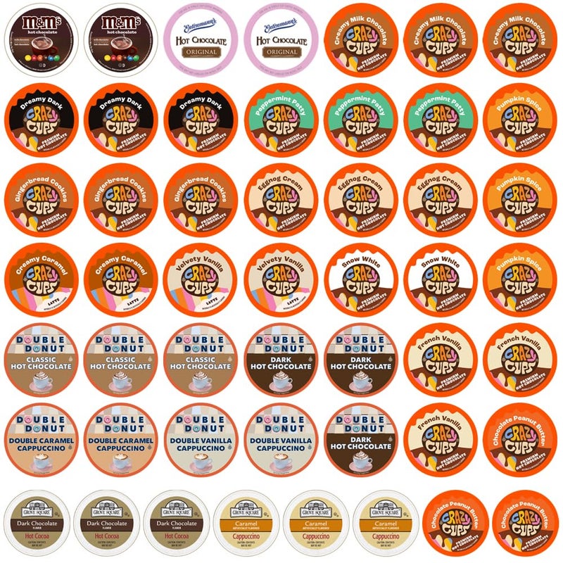 Crazy Cups Hot Chocolate and Cappuccino Single Serve Cups, Variety Pack Sampler For Keurig K Cup Brewers, includes Hot Cocoa from Grove Square and Crazy Cups, 50 Count - Image 1