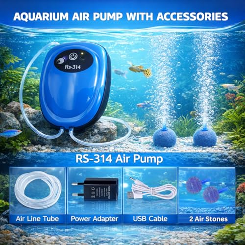 Despacito Rechargeable Air Pump for Aquarium AC/DC Dual Aquarium Air Pump Silent for Fish Tank Filter with Oxygen with 2Air Outlet, Air Stones and USB Plug, 1.5 Liters Per Minute (Blue) - Image 2