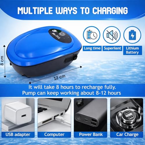 Despacito Rechargeable Air Pump for Aquarium AC/DC Dual Aquarium Air Pump Silent for Fish Tank Filter with Oxygen with 2Air Outlet, Air Stones and USB Plug, 1.5 Liters Per Minute (Blue) - Image 3