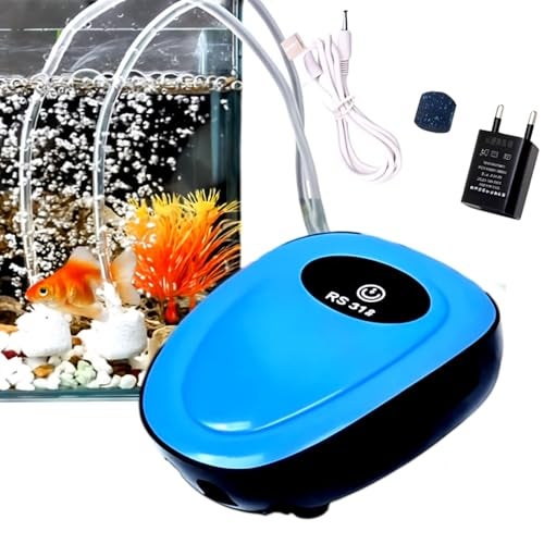 Despacito Rechargeable Air Pump for Aquarium AC/DC Dual Aquarium Air Pump Silent for Fish Tank Filter with Oxygen with 2Air Outlet, Air Stones and USB Plug, 1.5 Liters Per Minute (Blue) - Image 1