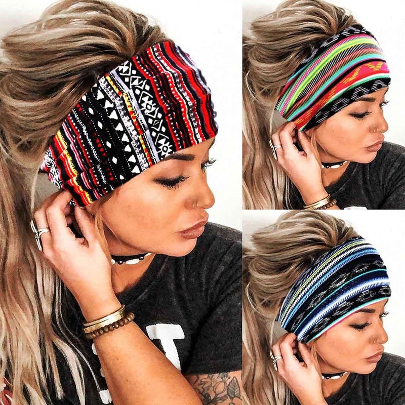 Boho Headbands Wide Knot Hair Band Elastic Turban Head Band Stretch Twist Head Wraps Fashion Hair Accessories for Women 3 Pcs Set A