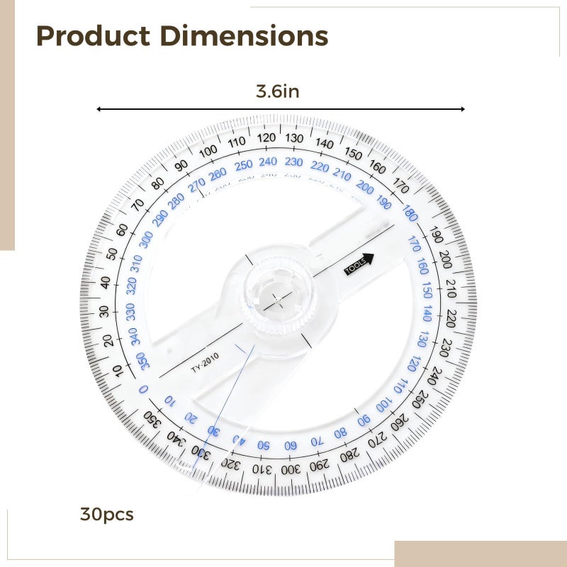Full Round Protractor Set 30 Pcs 360 Degree 3.6 Inch Red Blue Double Scale For Student - Image 5