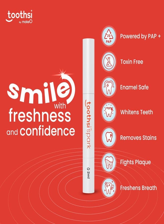 Toothsi قلم تبييض الأسنان توثسي سبارك | ٢ مل | ١٠ جلسات | يزيل بقع التدخين، والبان ماسالا، والغوتكا، والتبغ، والنبيذ، والقهوة | مزيل بقع الأسنان | سهل الحمل والاستخدام | جل تبييض آمن على مينا الأسنان - Image 3