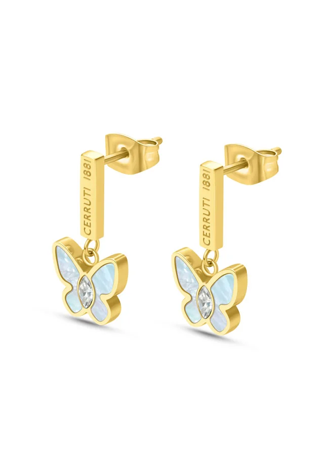 CERRUTI 1881 Mariposa Earrings, Butterfly Design with Blue Mother of Pearl and Crystals, Gold Accents Symbolizing Freedom and Femininity