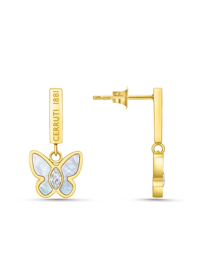 CERRUTI 1881 Mariposa Earrings, Butterfly Design with Blue Mother of Pearl and Crystals, Gold Accents Symbolizing Freedom and Femininity