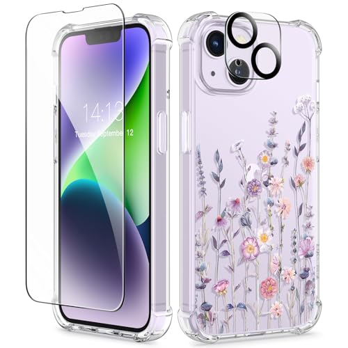 GVIEWIN for iPhone 14 Plus Case Floral, with Screen Protector+Camera Lens Protector,[Non Yellowing]Soft Shockproof Clear Phone Protective Cover Women, Flower Pattern Design 6.7"(Floratopia/Colorful) - Image 1