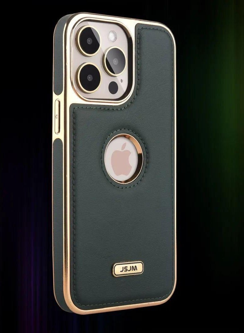 JSJM Upscale 13 Pro Max Luxury Premium Leather Back Cover Soft Protective Mobile Phone Case Green/Gold