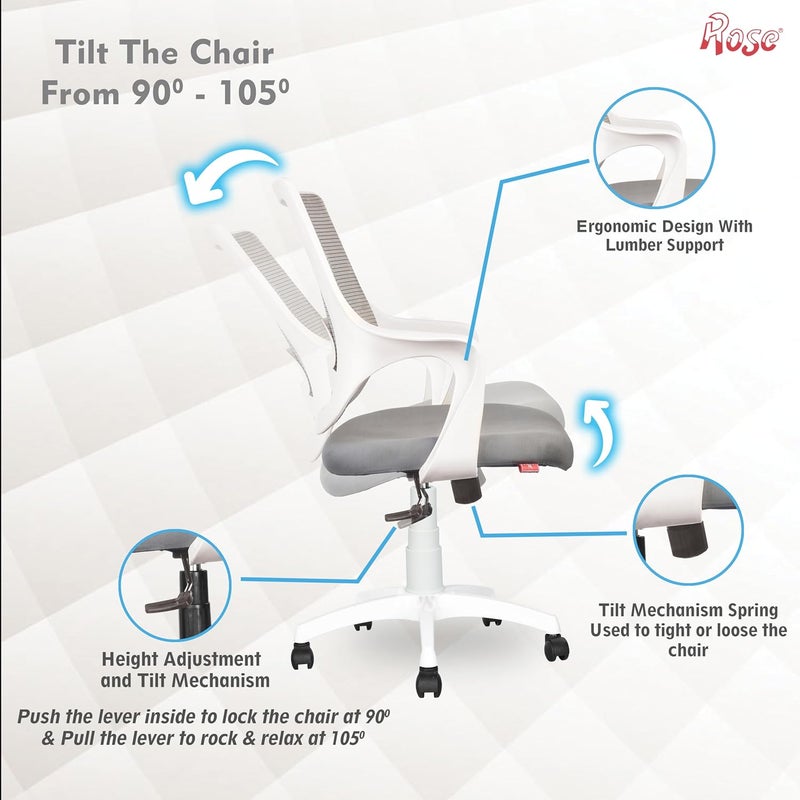Rose ROSE Mono  3Years Warranty Included  Mesh MidBack Ergonomic Office Chair  Revolving Computer Chair  Work from Home Pearl White - Image 4