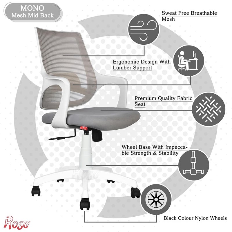 Rose ROSE Mono  3Years Warranty Included  Mesh MidBack Ergonomic Office Chair  Revolving Computer Chair  Work from Home Pearl White - Image 3
