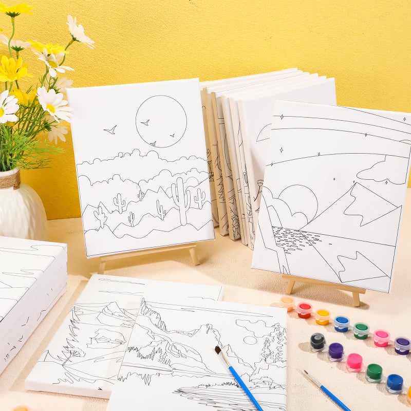 Sherr 75 Pcs 15 Set Sceneries Pre Drawn Canvas Kit for Painting Craft Sip and Paint Kit for Adults Summer Pre Printed Canvas Painting Favor for Virtual DIY Birthday Gifts Adult's Date Party - Image 5