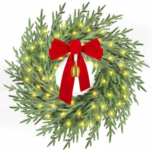 AMORISE Christmas Wreath with Lights,26" Real Touch Pine Wreath with Bow and Bell, Artificial Christmas Wreaths for Front Door,Outdoor Winter Wreath for Indoor,Wall,Window Festival Decor - Image 1