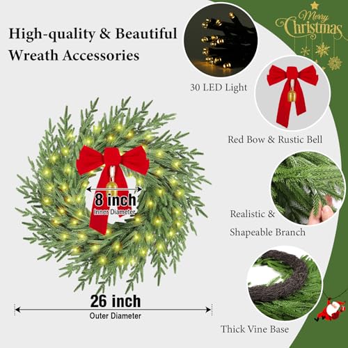 AMORISE Christmas Wreath with Lights,26" Real Touch Pine Wreath with Bow and Bell, Artificial Christmas Wreaths for Front Door,Outdoor Winter Wreath for Indoor,Wall,Window Festival Decor - Image 4