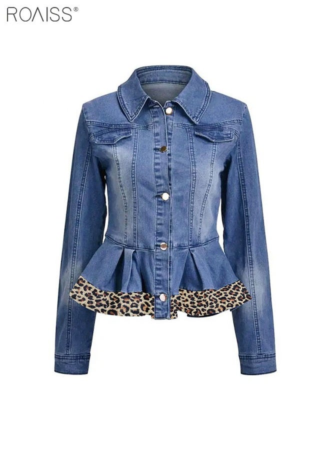 roaiss Women's Fashion Ruffle Hem Leopard Print Denim Patchwork Long Sleeved Lapel Denim Short Jacket  - Image 5
