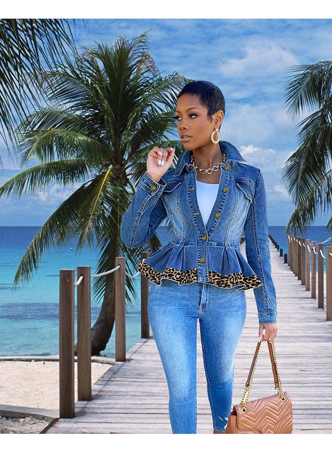 Women's Fashion Ruffle Hem Leopard Print Denim Patchwork Long Sleeved Lapel Denim Short Jacket
