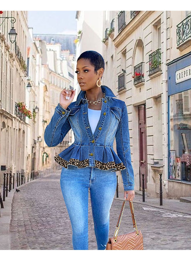 Women's Fashion Ruffle Hem Leopard Print Denim Patchwork Long Sleeved Lapel Denim Short Jacket