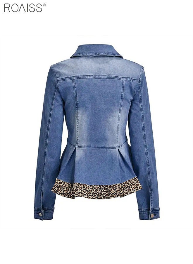 Women's Fashion Ruffle Hem Leopard Print Denim Patchwork Long Sleeved Lapel Denim Short Jacket