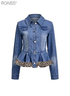 roaiss Women's Fashion Ruffle Hem Leopard Print Denim Patchwork Long Sleeved Lapel Denim Short Jacket  - Image 5