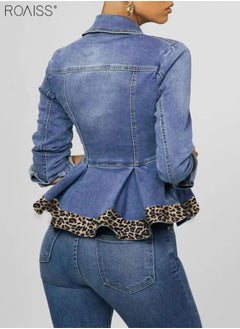 roaiss Women's Fashion Ruffle Hem Leopard Print Denim Patchwork Long Sleeved Lapel Denim Short Jacket  - Image 4