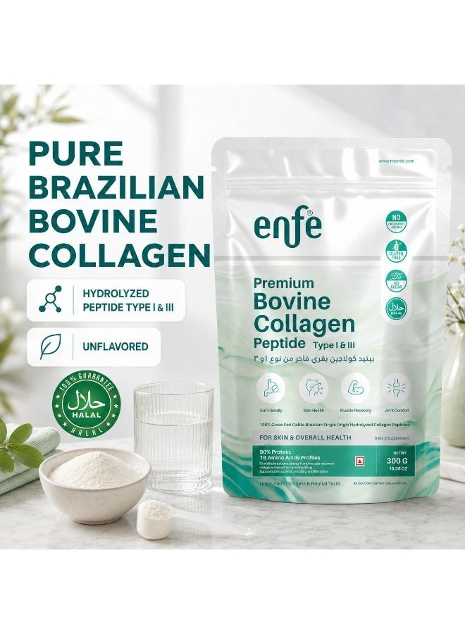 ENFE Premium Brazilian Bovine Hydrolyzed Collagen Peptides Type I & III-90% Protein-18 Amino Acids -Unflavored-Halal Certified-Single-Origin Grass-Feed Bovine Collagen-300g (30 Servings) - Image 1