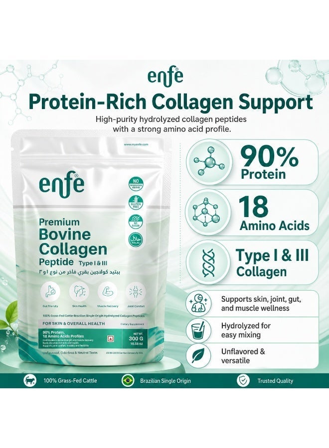 ENFE Premium Brazilian Bovine Hydrolyzed Collagen Peptides Type I & III-90% Protein-18 Amino Acids -Unflavored-Halal Certified-Single-Origin Grass-Feed Bovine Collagen-300g (30 Servings) - Image 3