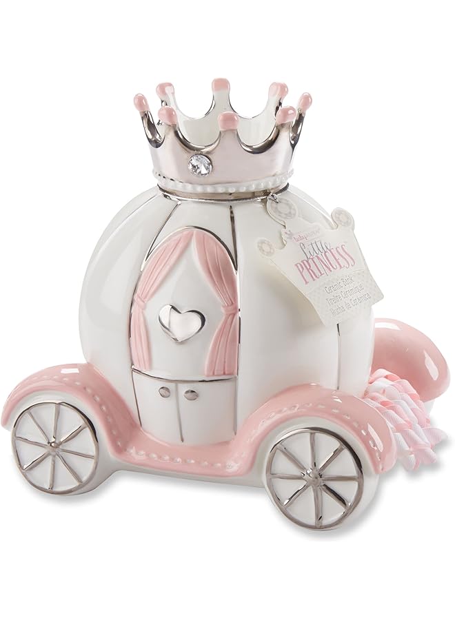 Baby Aspen Ceramic Porcelain Princess Carriage Piggy Bank For A Baby Shower Or Baby Girl Room Decor Pink Silver White - Image 1