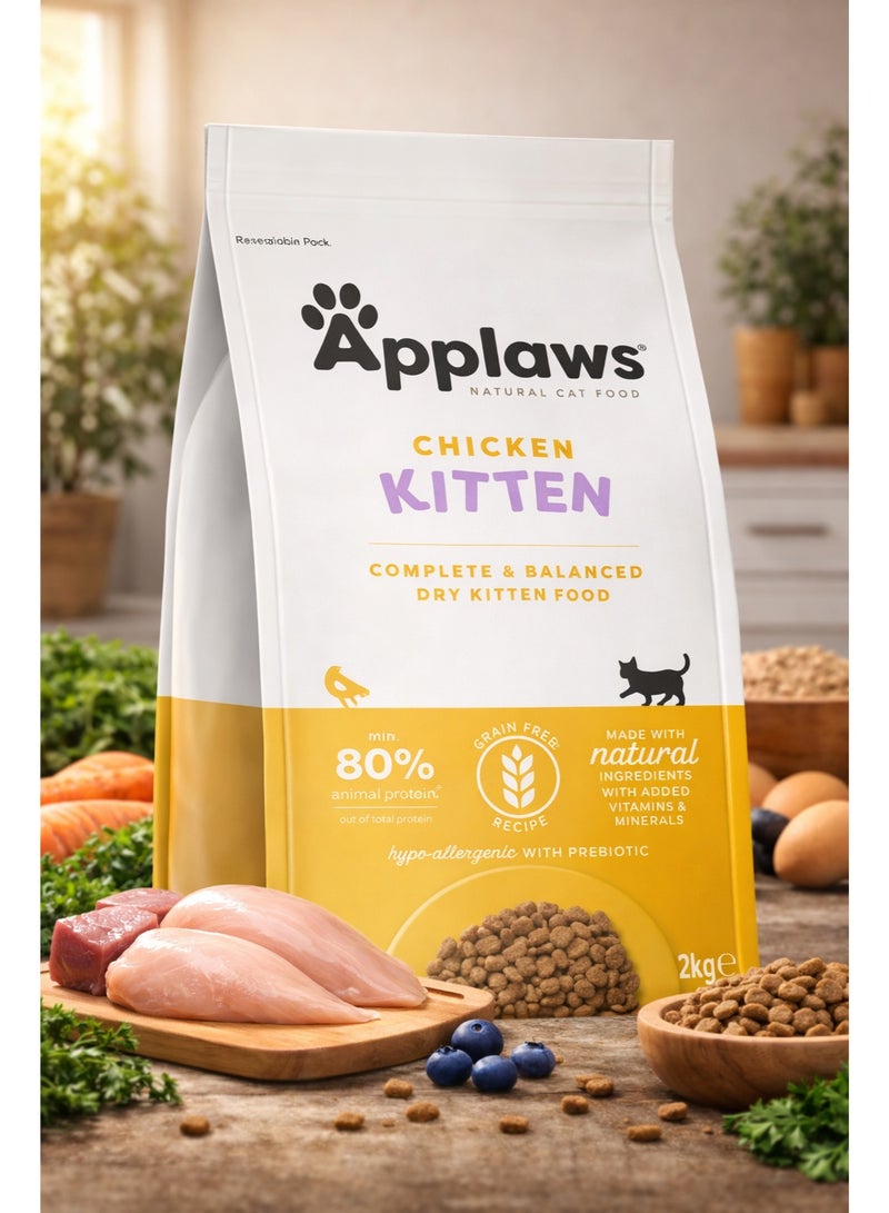 Natural Chicken Kitten Dry Food – Grain-Free Complete & Balanced Nutrition with 80% Animal Protein, Hypoallergenic Formula with Prebiotics, Vitamins & Minerals – 2kg Premium Kitten Food