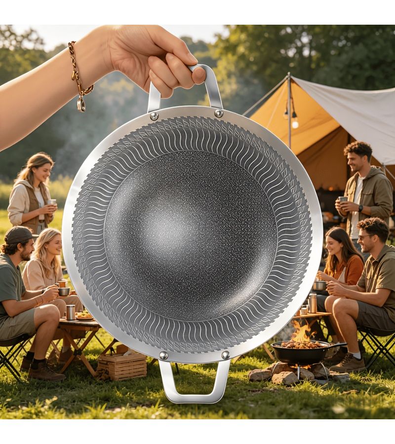 1 2 Set Non Stick Round Stainless Steel Outdoor Grill Pans Compatible With Induction Cooker Gas Stove And Electric Stove For Camping And Family Barbecue Xxl Size 13 39 Inch 14 96 Inch - Image 5