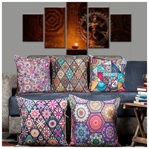 Vendola Decorative Satin Sofa Cushion Covers Set of 5, 24 Inch x 24 Inch, Sofa Pillow Cover, Multicolor, Geometrical Turkish Design, Zipper Closure (Turkey, 24X24 Inches) - Image 1
