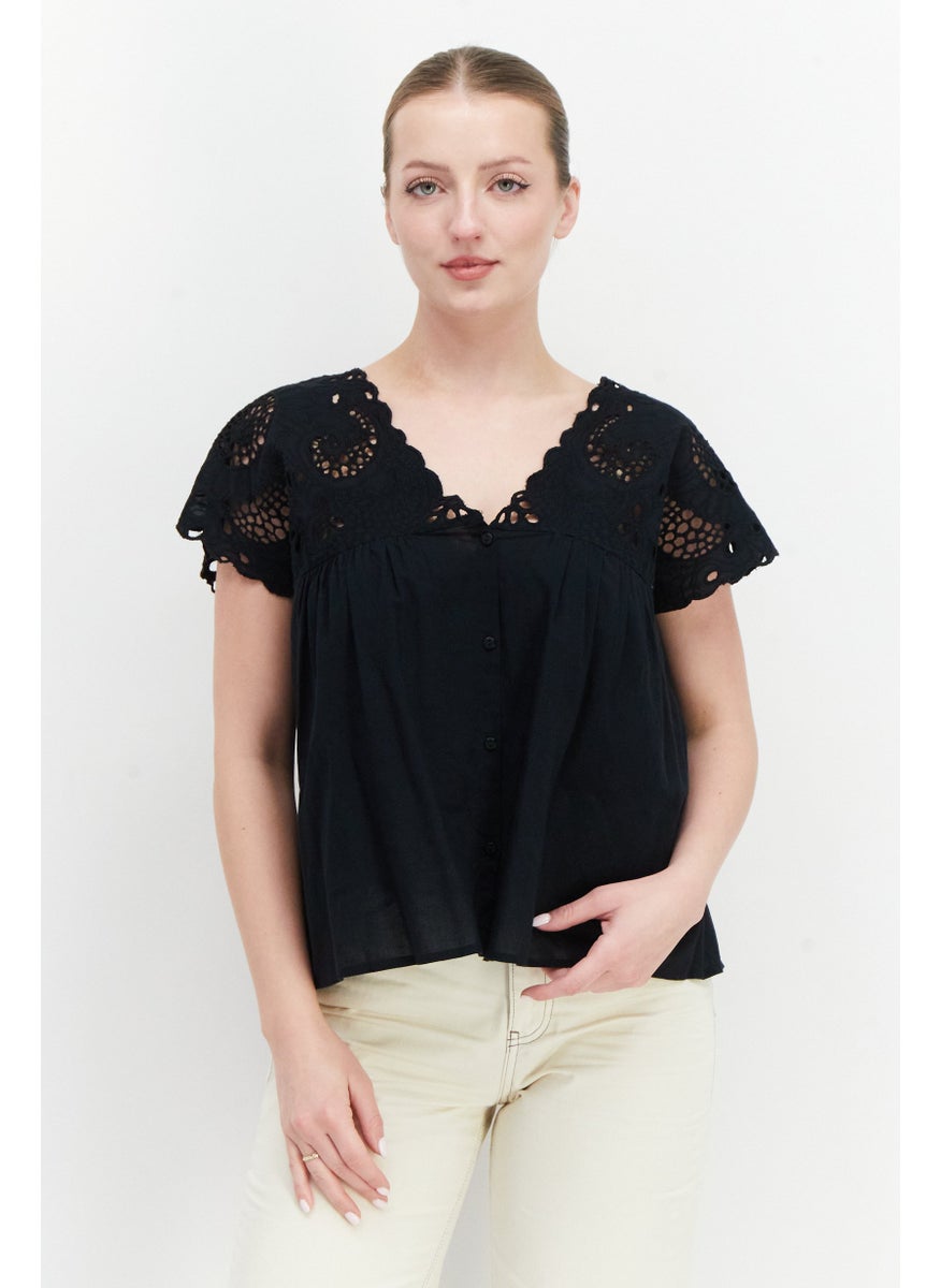Pepe Jeans Women V-Neck Cap Sleeve Embroidered Blouse, Black  - Image 1