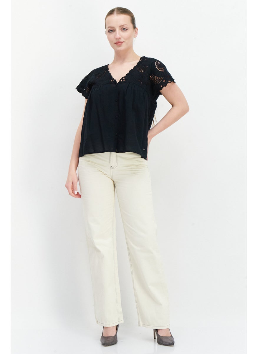 Pepe Jeans Women V-Neck Cap Sleeve Embroidered Blouse, Black  - Image 3