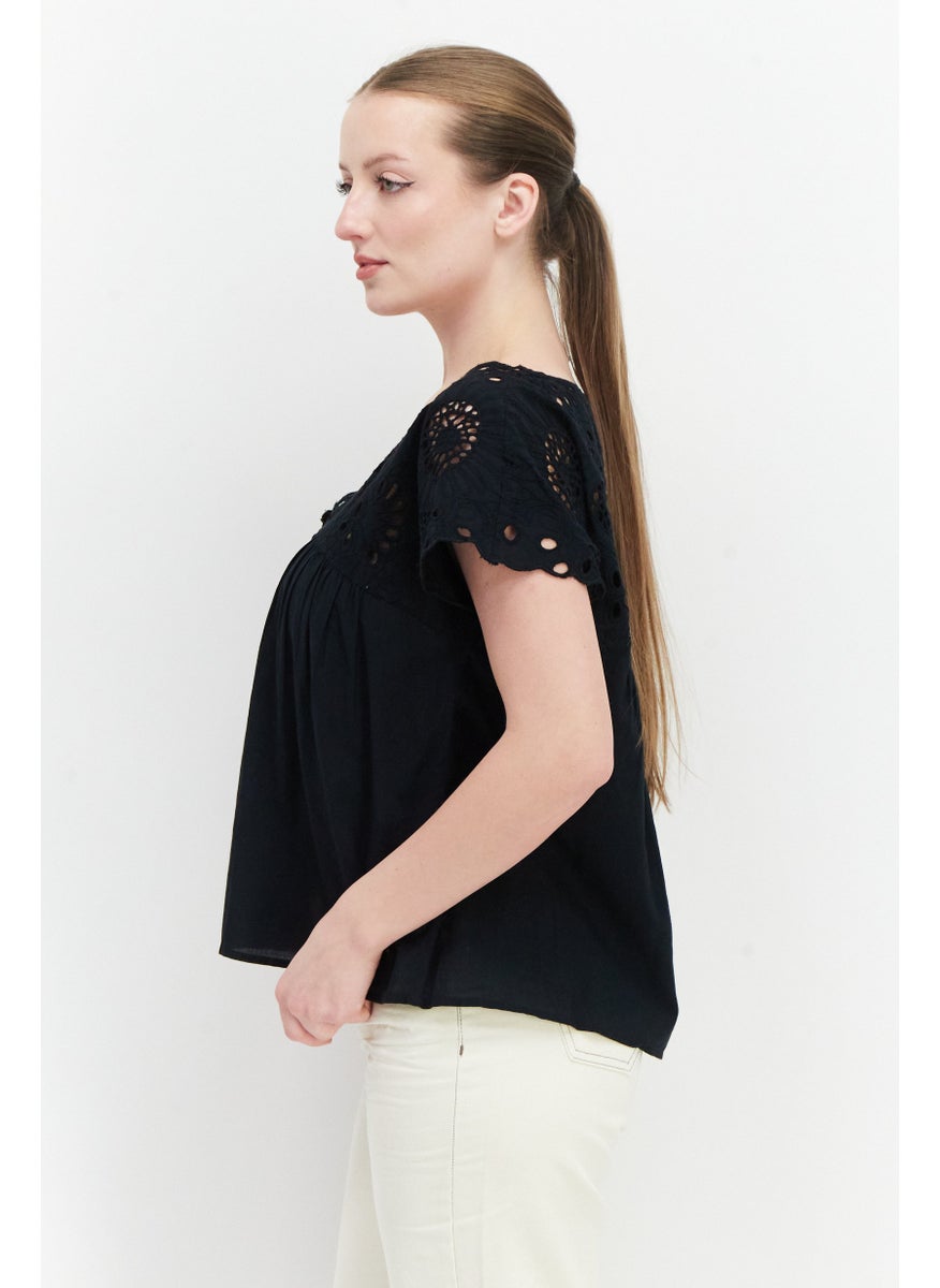 Pepe Jeans Women V-Neck Cap Sleeve Embroidered Blouse, Black  - Image 4