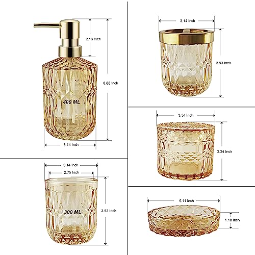 LaMarriti Clear Gold Bathroom Accessorries Set, 5Pcs Glass Bathroom Accessories, Lotion Soap Dispenser, Toothbrush Holder Set, Soap Dish, Tumbler, Qtips Holder for Bathroom Vanity Decor, Yellow Gold - Image 5