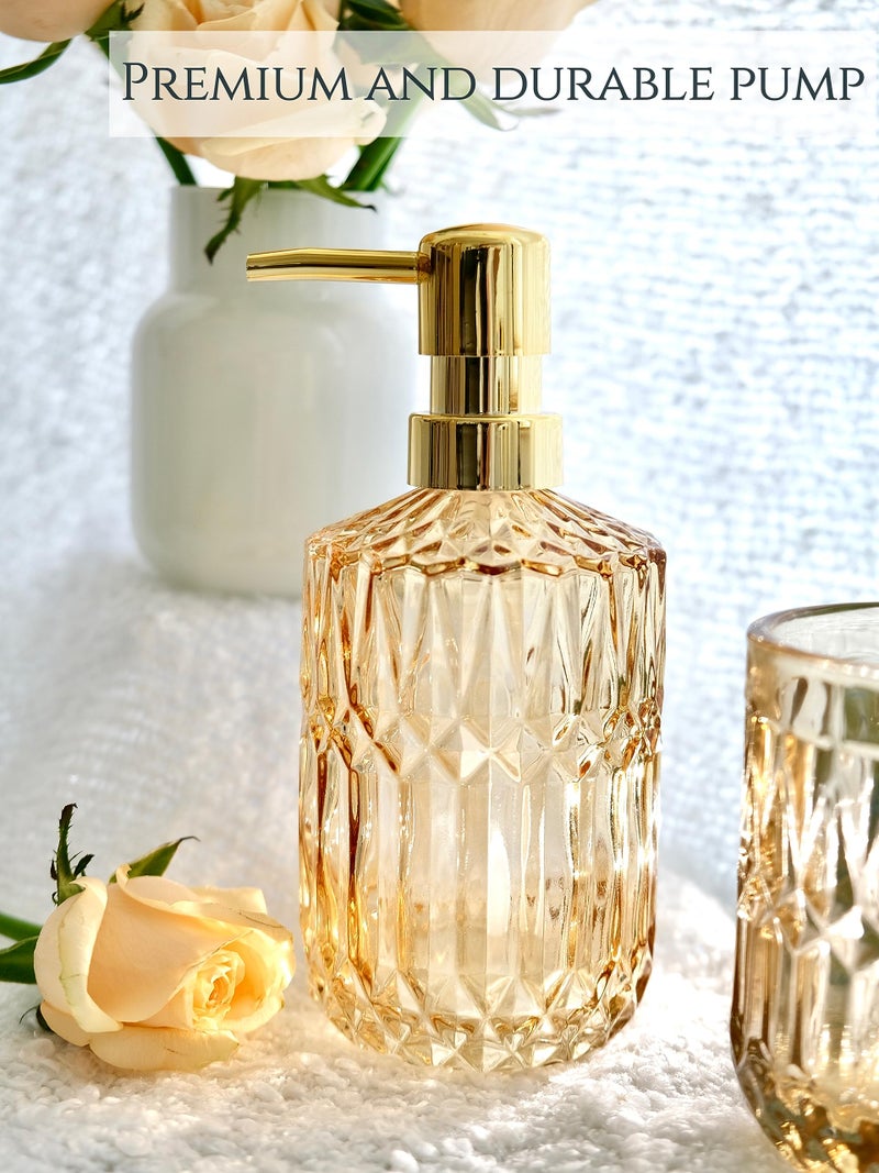 LaMarriti Clear Gold Bathroom Accessorries Set, 5Pcs Glass Bathroom Accessories, Lotion Soap Dispenser, Toothbrush Holder Set, Soap Dish, Tumbler, Qtips Holder for Bathroom Vanity Decor, Yellow Gold - Image 2