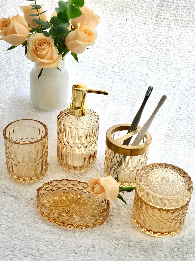 LaMarriti Clear Gold Bathroom Accessorries Set, 5Pcs Glass Bathroom Accessories, Lotion Soap Dispenser, Toothbrush Holder Set, Soap Dish, Tumbler, Qtips Holder for Bathroom Vanity Decor, Yellow Gold - Image 4