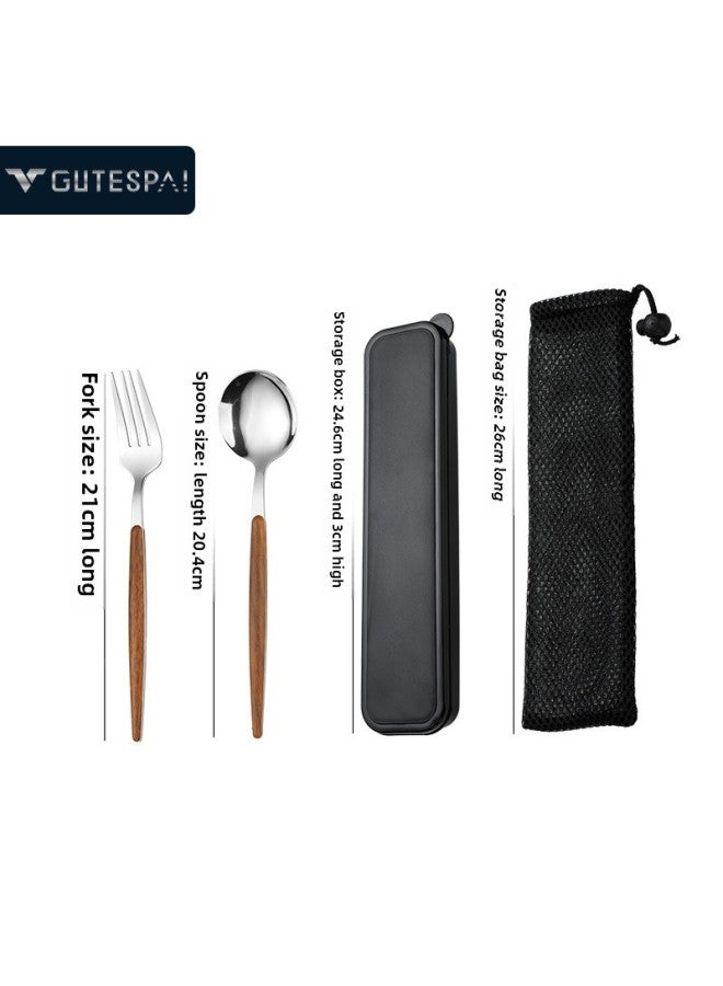 304 Stainless Steel Portable Tableware Spoon Fork Wooden Chopsticks Outdoor Student Office Storage Box Three-piece Set-Specifications:Default Items-Color: Portuguese Silver Round Spoon And Fork + Box + Bag - Image 1