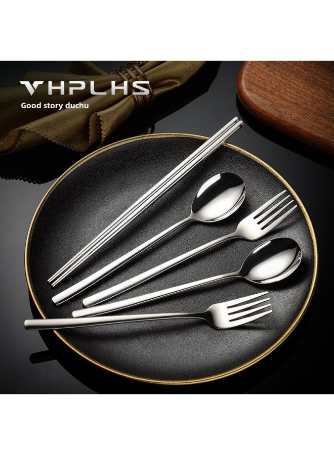 304 Stainless Steel Portable Tableware Spoon Fork Wooden Chopsticks Outdoor Student Office Storage Box Three-piece Set-Specifications:Default Items-Color: Portuguese Silver Round Spoon And Fork + Box + Bag - Image 5