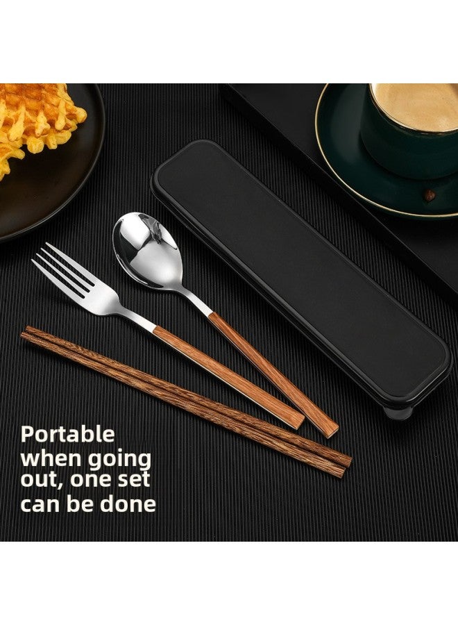 304 Stainless Steel Portable Tableware Spoon Fork Wooden Chopsticks Outdoor Student Office Storage Box Three-piece Set-Specifications:Default Items-Color: Portuguese Silver Round Spoon And Fork + Box + Bag - Image 4