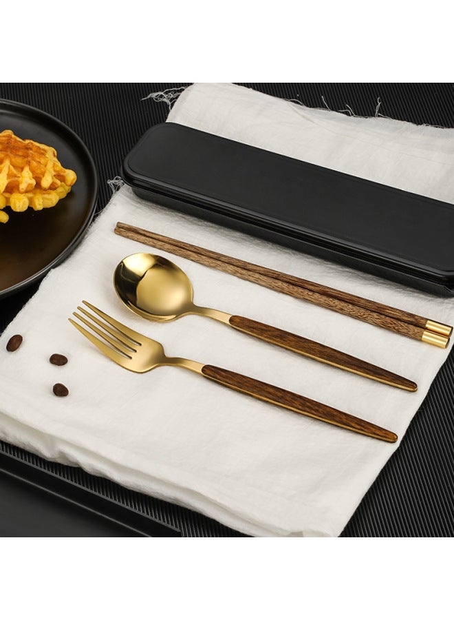 304 Stainless Steel Portable Tableware Spoon Fork Wooden Chopsticks Outdoor Student Office Storage Box Three-piece Set-Specifications:Default Items-Color: Portuguese Silver Round Spoon And Fork + Box + Bag - Image 3
