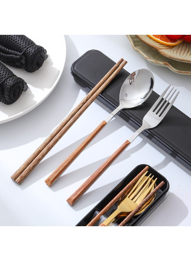 304 Stainless Steel Portable Tableware Spoon Fork Wooden Chopsticks Outdoor Student Office Storage Box Three-piece Set-Specifications:Default Items-Color: Portuguese Silver Round Spoon And Fork + Box + Bag - Image 2