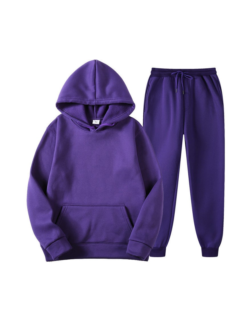 Generic - Spring New Glboard Solid Color Hooded Sweatshirt Casual Pants Fleece-Lined Pulloversuit Mens Sets Purple - Image 1