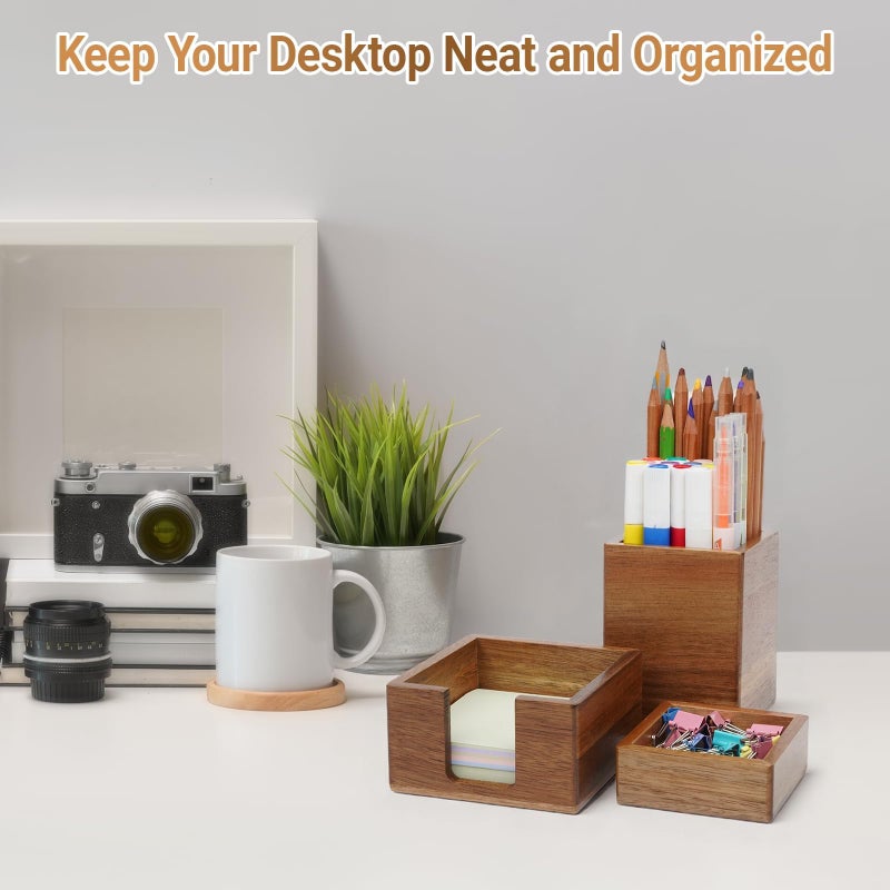 RAWILL 3 PCS Black Wooden Desk Organizer Set Pine Wood Office Desk Accessories with Pen Holder, Paperclip Storage and Sticky Note Holder, Wood Grain Clear, Ideal Gift for Office and Family - Image 2