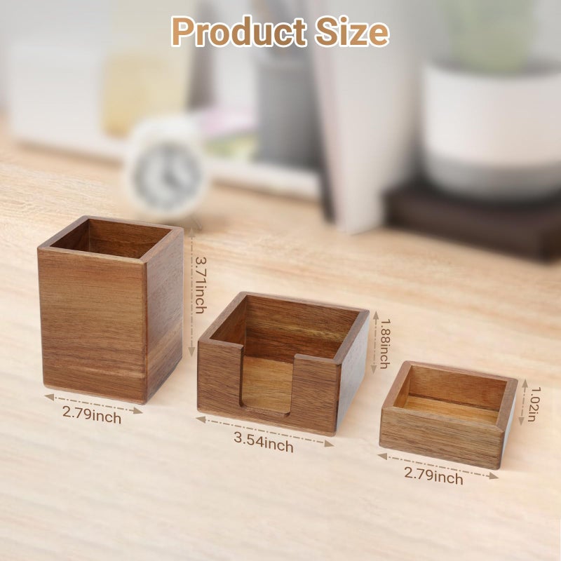 RAWILL 3 PCS Black Wooden Desk Organizer Set Pine Wood Office Desk Accessories with Pen Holder, Paperclip Storage and Sticky Note Holder, Wood Grain Clear, Ideal Gift for Office and Family - Image 3