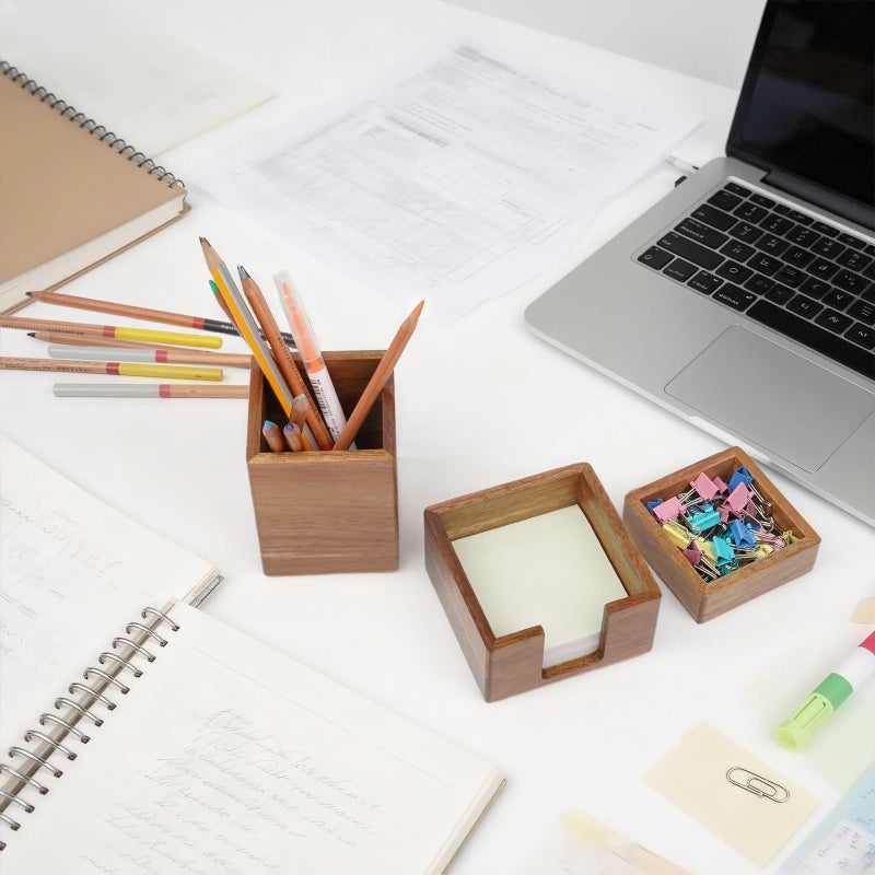 RAWILL 3 PCS Black Wooden Desk Organizer Set Pine Wood Office Desk Accessories with Pen Holder, Paperclip Storage and Sticky Note Holder, Wood Grain Clear, Ideal Gift for Office and Family - Image 4