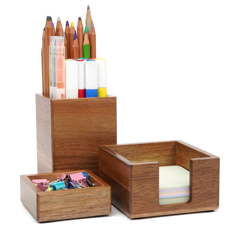 RAWILL 3 PCS Black Wooden Desk Organizer Set Pine Wood Office Desk Accessories with Pen Holder, Paperclip Storage and Sticky Note Holder, Wood Grain Clear, Ideal Gift for Office and Family - Image 1