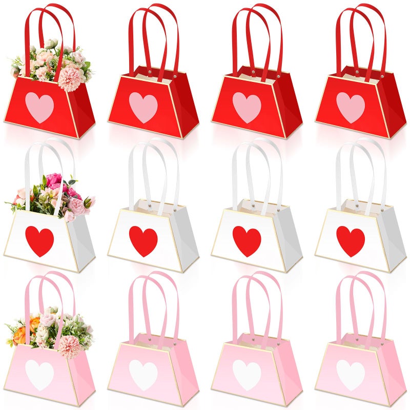 Tinlade 12 Pcs Valentine's Day Heart Floral Boxes for Arrangements with Handle Portable Kraft Paper Bouquet Flower Gift Bag Holder Florist Envelope Box for Mother's Day Wedding Party Home Decor - Image 1