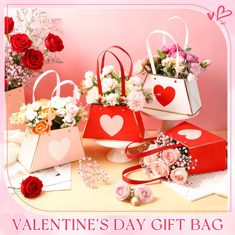 Tinlade 12 Pcs Valentine's Day Heart Floral Boxes for Arrangements with Handle Portable Kraft Paper Bouquet Flower Gift Bag Holder Florist Envelope Box for Mother's Day Wedding Party Home Decor - Image 2