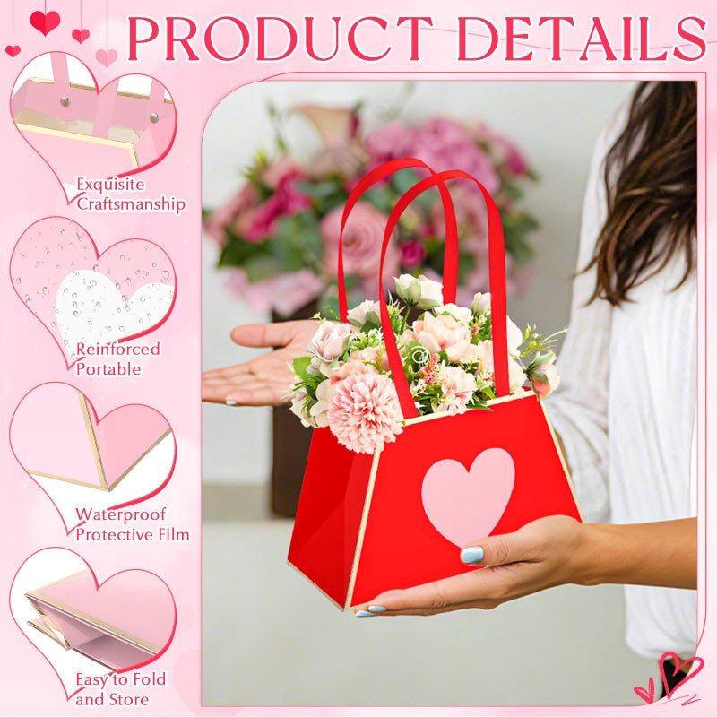 Tinlade 12 Pcs Valentine's Day Heart Floral Boxes for Arrangements with Handle Portable Kraft Paper Bouquet Flower Gift Bag Holder Florist Envelope Box for Mother's Day Wedding Party Home Decor - Image 4