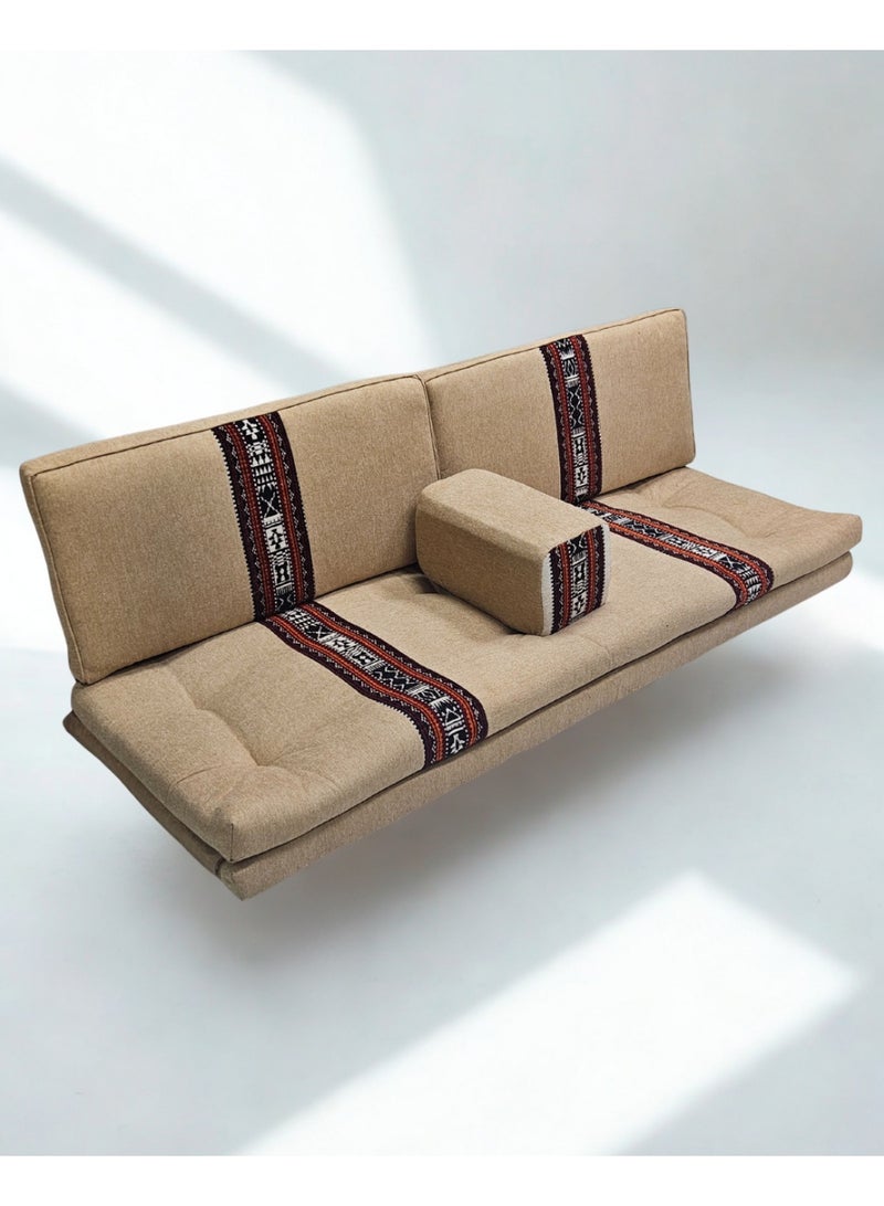 سمارت هوم جلسة أرضية تراثية عربية لأربعة أشخاص 4 قطع  بمقاس (طول 70 سم × عرض 200 سم × ارتفاع 60 سم) – مفروشات مجالس عربية مريحة مع مسند وظهر مزخرف – جلسة أرضية للمنزل، الضيوف، المخيمات والرحلات - مجلس يكفي 4 اشخاص - Image 1