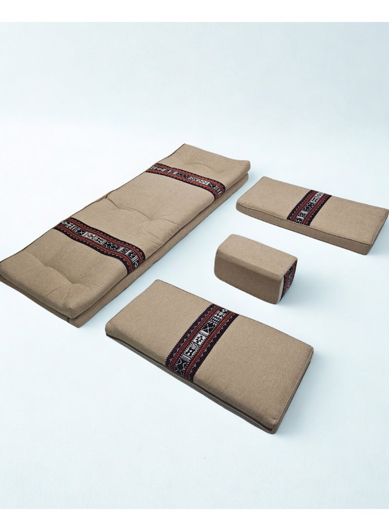 سمارت هوم جلسة أرضية تراثية عربية لأربعة أشخاص 4 قطع  بمقاس (طول 70 سم × عرض 200 سم × ارتفاع 60 سم) – مفروشات مجالس عربية مريحة مع مسند وظهر مزخرف – جلسة أرضية للمنزل، الضيوف، المخيمات والرحلات - مجلس يكفي 4 اشخاص - Image 4